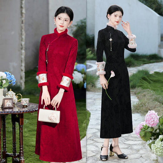 GX现代改良中式长款加绒加厚旗袍大摆裙2025冬新款日常可穿长袖旗袍 商品图0