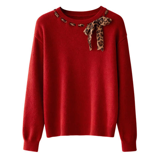 CC慵懒风圆领蝴蝶结豹纹飘带毛衣女宽松高级感针织衫好看打底上衣厚 商品图4
