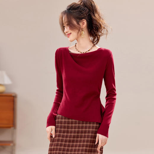 CC法式荡领一字肩长袖针织衫修身显瘦打底衫女秋冬收腰高级感毛衣 商品图0