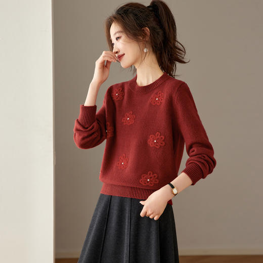 CC2025秋冬新款高级感圆领针织衫红色刺绣本命年毛衣小个子打底上衣 商品图3