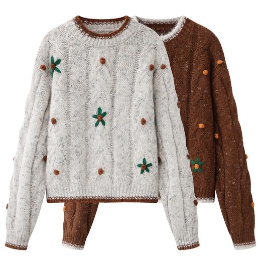 D112528秋冬季新款重工钩花圆领软糯毛衣女慵懒风宽松套头针织衫 商品图0