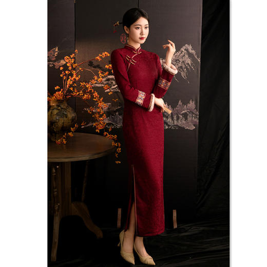 GX针织提花长款加绒喜妈妈婚宴旗袍2025冬款时尚拼接改良新中式旗袍 商品图0