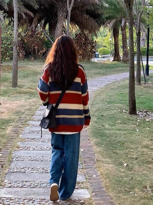 D112567条纹拼色潮流圆领宽松毛衣针织衫 商品图7