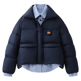 D112527假两件衬衫拼接羽绒服翻领外套冬季新款女休闲格子上衣