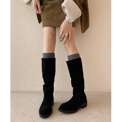 【预售5天】牛皮版长筒靴款超火百搭简约风咖色翻皮不过膝粗跟直筒靴&7500 商品图1