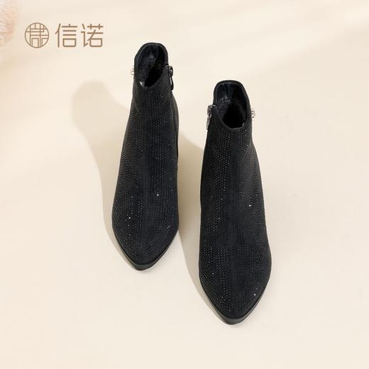 信诺妈妈棉鞋法式水钻粗跟短靴女2025冬季新款百搭瘦瘦靴加绒踝靴X5M157-273D 商品图1