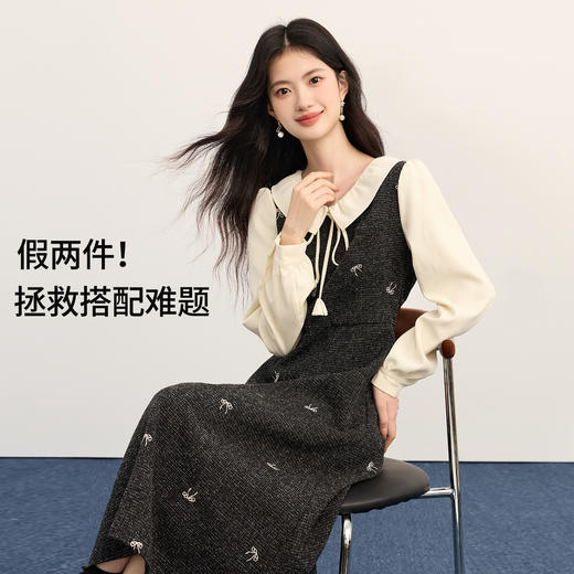 【11/26新品】熙世界千金小香风刺绣蝴蝶结连衣裙女2025秋冬新款收腰假两件裙子 商品图1