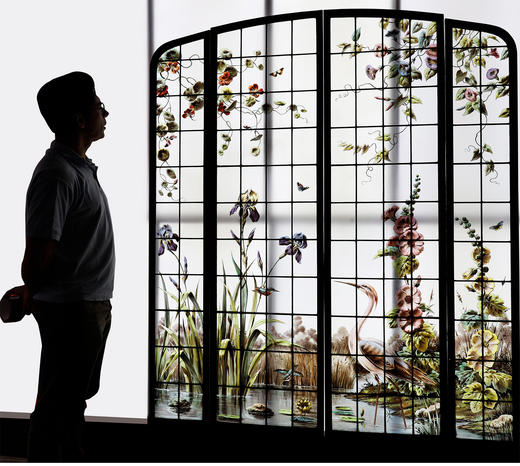 独角鹿西洋古董19世纪法国出品新艺术风格「湖畔鹭鸟」主题彩绘玻璃花窗 商品图1