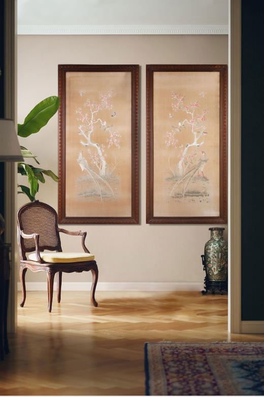 独角鹿西洋古董19世纪中国出品「桃花双绶」主题苏绣挂屏一对 商品图0