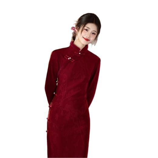 GX红色提花加绒长袖旗袍2025秋冬新款时尚改良年轻少女款日常旗袍裙 商品图4