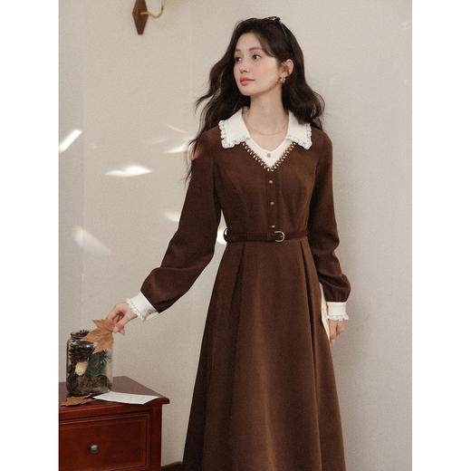 鹿向南「鎏光柏林」假两件咖色复古衬衫连衣裙女秋设计感法式长裙 商品图0