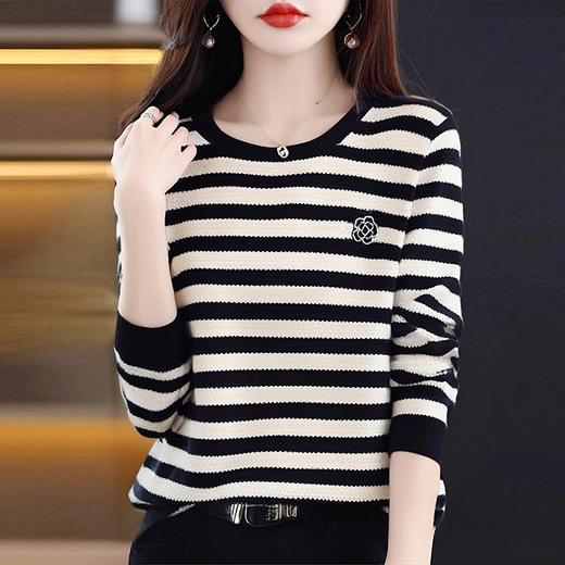 2026新款秋冬季条纹毛衣女士针织衫上衣大码长袖t恤女打底衫内搭 商品图1