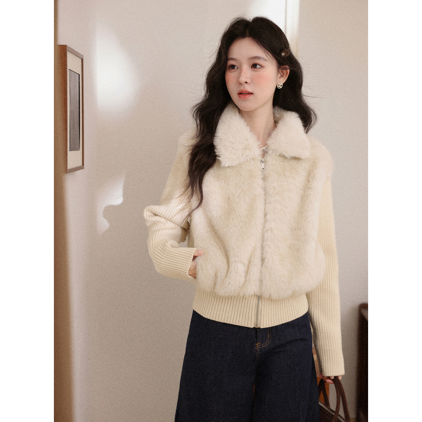 鹿向南「甘泉润沙」杏色拼接设计感短外套女秋冬新款翻领保暖上衣