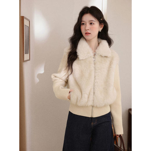 鹿向南「甘泉润沙」杏色拼接设计感短外套女秋冬新款翻领保暖上衣 商品图0