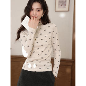 鹿向南「月白香颂」燕麦色蝴蝶结碎花显瘦长袖上衣女秋半高领内搭