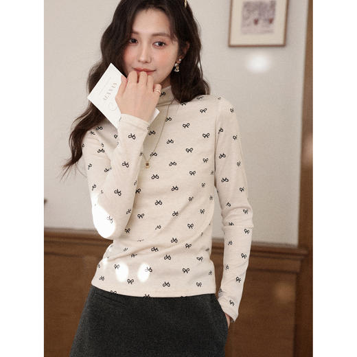 鹿向南「月白香颂」燕麦色蝴蝶结碎花显瘦长袖上衣女秋半高领内搭 商品图0