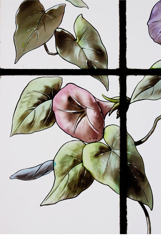 独角鹿西洋古董19世纪法国出品新艺术风格「湖畔鹭鸟」主题彩绘玻璃花窗 商品图5