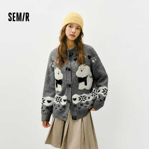 森马针织开衫女冬半高领小狗提花牛角扣毛衫宽松2025新款可爱上衣 商品图0