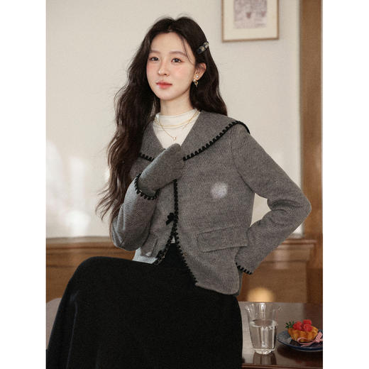 鹿向南「烟罗素影」灰色毛呢外套女秋冬新款高级宽松显瘦连帽上衣 商品图4