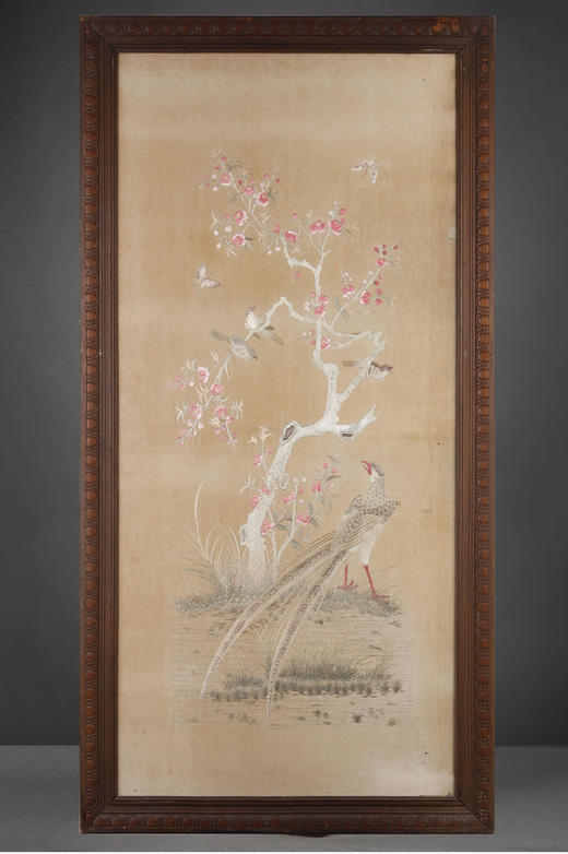 独角鹿西洋古董19世纪中国出品「桃花双绶」主题苏绣挂屏一对 商品图1