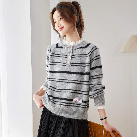CC慵懒风蕾丝边圆领条纹毛衣女秋冬软糯内搭宽松套头针织衫打底上衣 商品图1