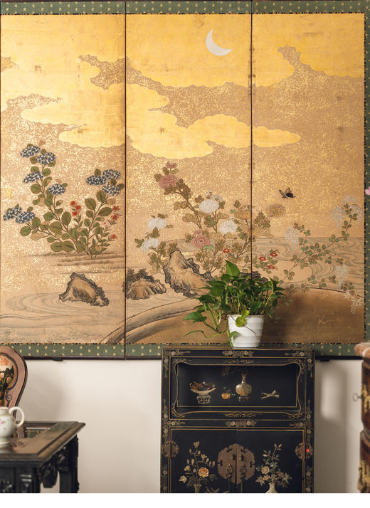 【已售】独角鹿西洋古董19世纪末日本明治时期出品「月下秋容」主题纸本金地六曲屏风 商品图3