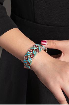 独角鹿西洋古董1960年代法国出品「花叶」造型18K黄金铂金镶嵌绿松石钻石及红宝石手镯