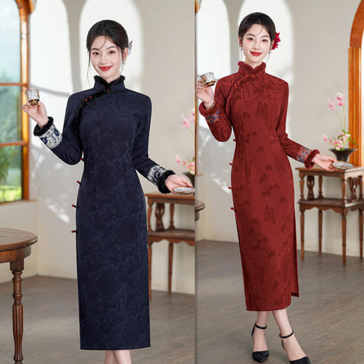 GX苏杭新中式长款加绒长袖旗袍2025秋冬新款时尚宴会旗袍 商品图0