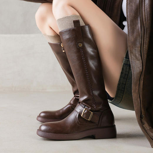 3.5cm~美拉德风真皮高筒靴，皮带扣骑士靴不过膝长靴粗跟棕色编织OLD-w1-22 商品图0