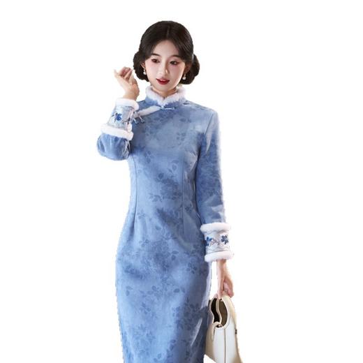 麂皮绒印花加绒长袖旗袍，时尚改良新中式日常修身旗袍GX-11833 商品图4