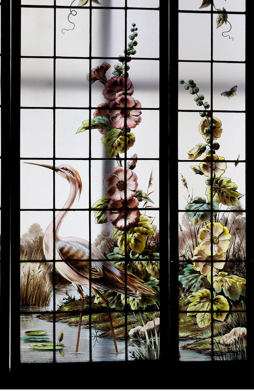 独角鹿西洋古董19世纪法国出品新艺术风格「湖畔鹭鸟」主题彩绘玻璃花窗 商品图7