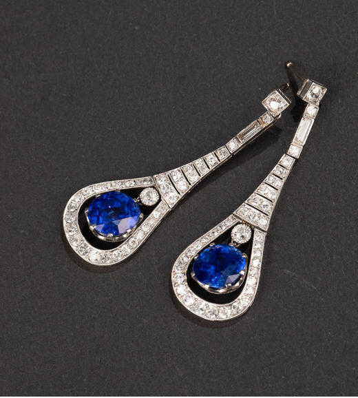 独角鹿西洋古董1930年代欧洲出品装饰艺术风格水滴造型铂金镶嵌钻石及蓝宝石耳坠 商品图3