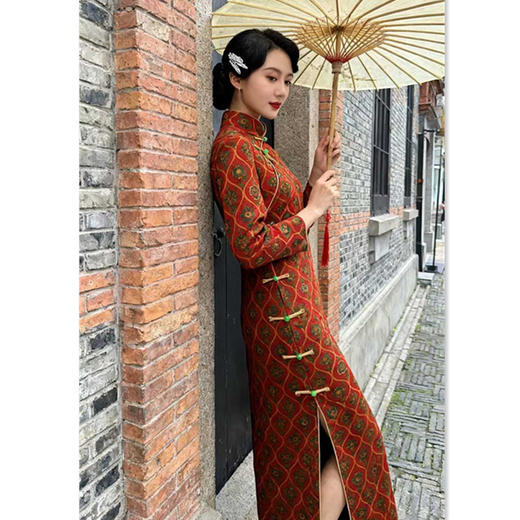 SKY 361847中式金貂绒加绒长款复古中国风格子旗袍 商品图0