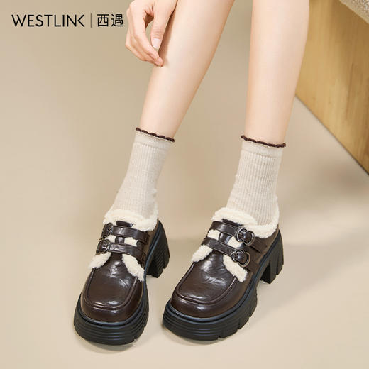 西遇加绒乐福鞋女新款冬季黑色增高厚底小皮鞋外穿保暖雪地靴V2457354 商品图2