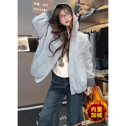 2025冬季新款撞色连帽加绒加厚棉服外套女短款宽松时尚休闲派克服 商品图3