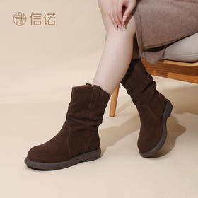 复古麂皮堆堆靴女平底百搭圆头西部短靴显瘦时装靴X5M156-271D