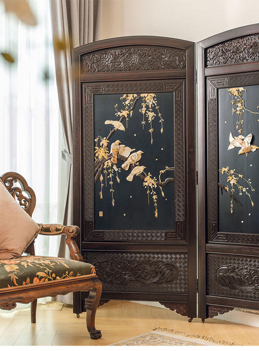 【已售】独角鹿西洋古董19世纪末日本明治时期出品实木精雕传统花鸟主题芝山镶嵌两曲屏风 商品图2