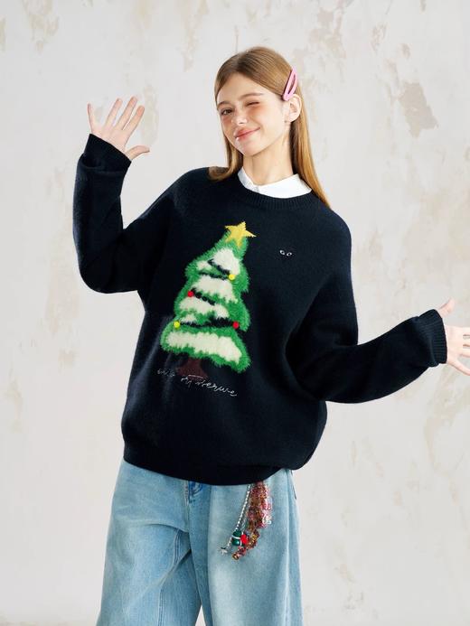 D112572圣诞树图案宽松oversize圆领毛衣针织衫 商品图5