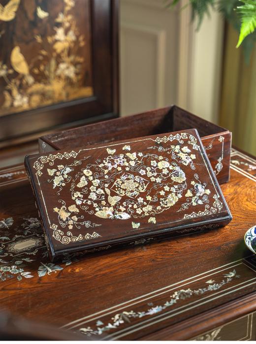 独角鹿西洋古董20世纪中国出品硬木嵌螺钿「瓜瓞绵绵」主题珍宝盒 商品图2
