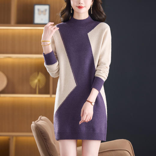 CC半高领拼色显瘦毛衣裙女中长款秋冬2025新款遮屁股洋气针织打底衫 商品图1