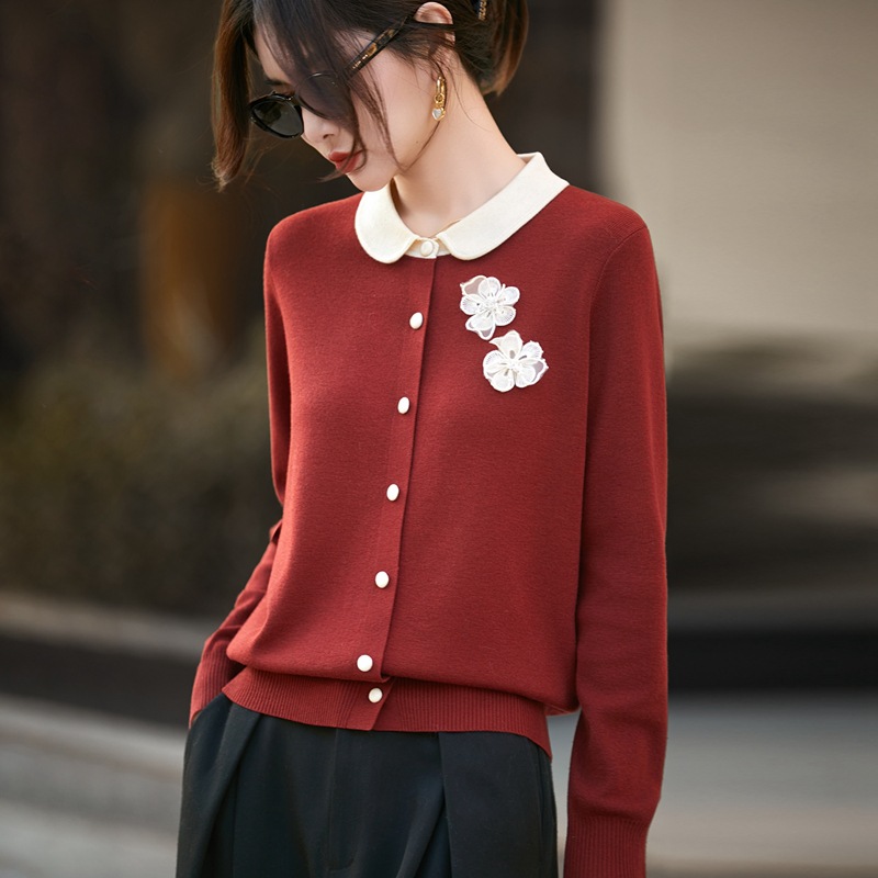 「自」全新升级【铂金会员183/天猫239/差价56】(14035)洛诗琳新款撞色娃娃领羊毛上衣2025冬季气质百搭通勤开衫14035