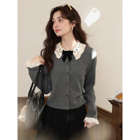 鹿向南「薄暮灰铃」灰色针织开衫毛衣女秋小众设计感修身法式上衣