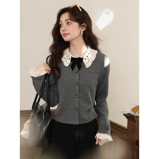 鹿向南「薄暮灰铃」灰色针织开衫毛衣女秋小众设计感修身法式上衣 商品图0