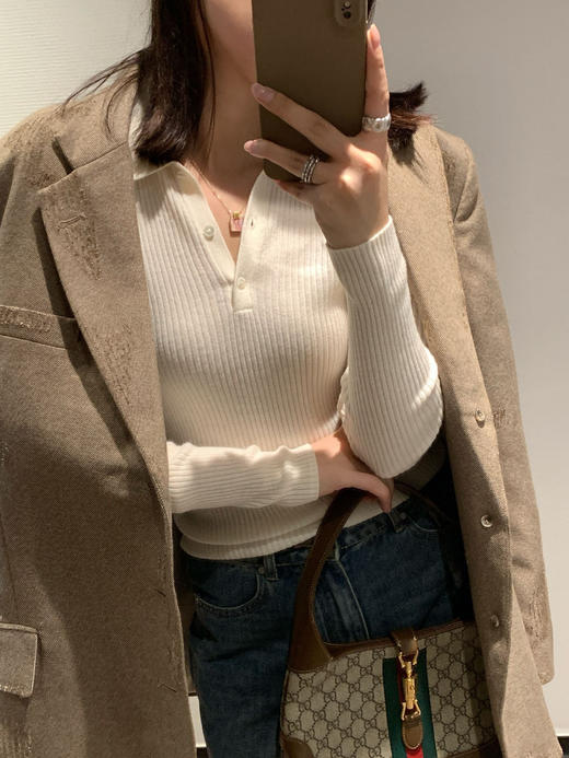 Max*羊毛莱赛尔polo领知性坑条织显瘦打底毛衫 商品图0