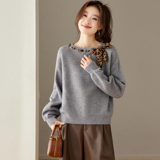 CC慵懒风圆领蝴蝶结豹纹飘带毛衣女宽松高级感针织衫好看打底上衣厚 商品图1