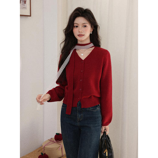 鹿向南「冰雪玫瑰」复古红色毛衣女秋冬高级感气质优雅针织衫上衣 商品图1