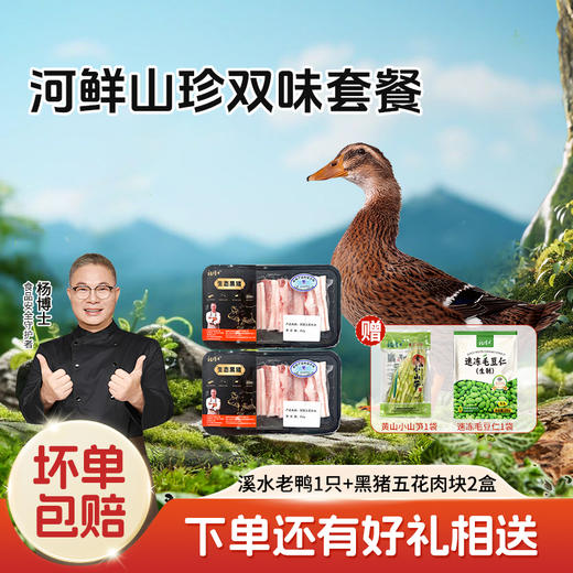 【杨博士自营 ​河鲜山珍双味套餐】溪水河鸭1只＋黑猪五花肉2份（黄山小山笋1袋 速冻毛豆仁1袋） 商品图0