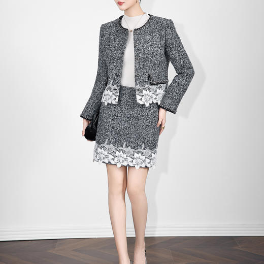 「高货wl」全新升级【铂金会员441/天猫599/差价158】(99051)洛诗琳2025冬季羊毛混纺蕾丝拼接小香风外套半身裙两件套 商品图0