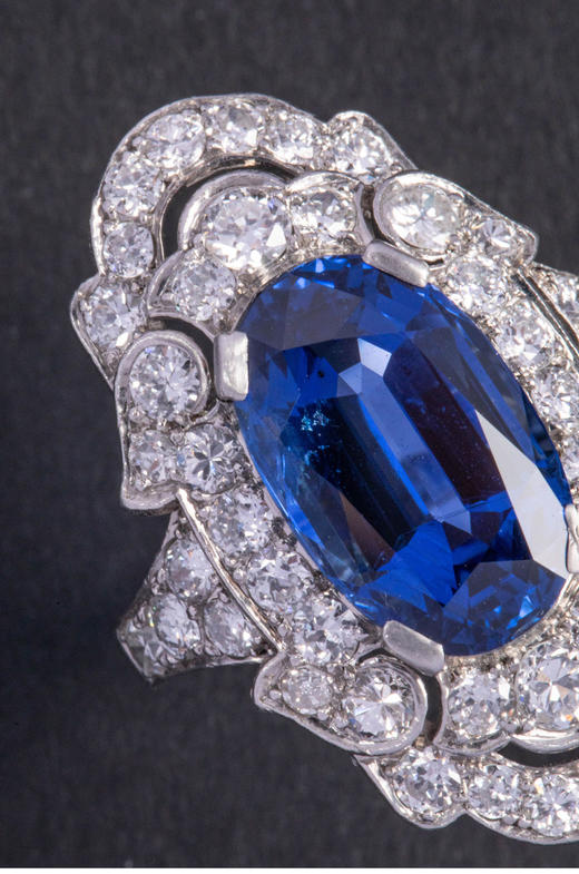 独角鹿西洋古董1920年代美国新艺术时期出品铂金镶嵌钻石及缅甸无烧蓝宝石戒指 商品图5