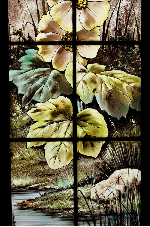 独角鹿西洋古董19世纪法国出品新艺术风格「湖畔鹭鸟」主题彩绘玻璃花窗 商品图3